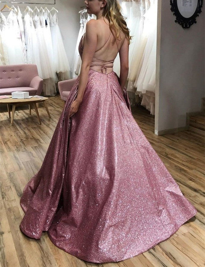 A line Sequins Spaghetti Straps Prom Dresses Evening